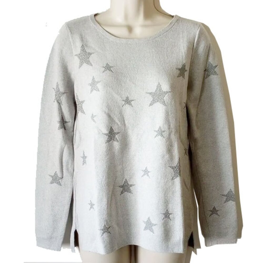 NWT Old Navy Fine Knit Cotton Sweater M Long Sleeve Crewneck Gray Silver Stars